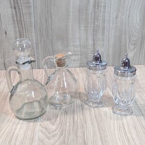 Small Simple "GLASS CRUET"  Oil & Vinegar Set & FOSTORIA Crystal Salt Pepper Set